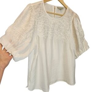 Ryegrass‎ White Puff Sleeve Soft Romantic Blouse Size XL Floral Embroidered Top